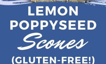 Pinterest pin with two images. One image is of a lemon poppyseed scone on a blue rimmed plate. Second image is of a round of scones being drizzled with lemon icing. Text overlay says, "Gluten-Free Lemon-Poppyseed Scones: best breakfast recipe!"