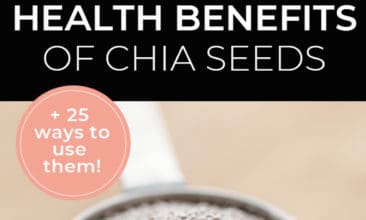 Two images, the top is a smoothie bowl with fruit and chia seeds on top, the second image is a bowl filled with chia seeds. Text overlay says, "Health Benefits of Chia Seeds: Plus 25 Ways to Use Them".
