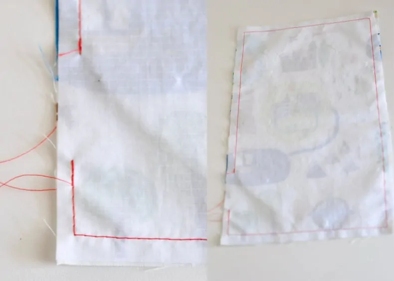 Image shows to view of the completed edge seam for the snack bags, showing a 1/4" seam allowance and the 2" gap left open to turn the bag right side out.