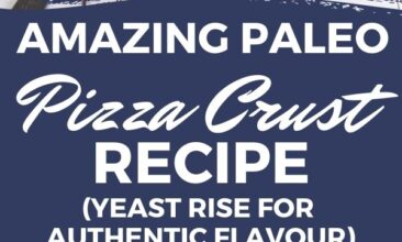 Pinterest pin with 2 images, one is of a pizza made with a paleo yeast crust, the second image is of the ingredients for the pizza dough combined in a bowl. Text overlay says: “Amazing Paleo Pizza Crust Recipe”