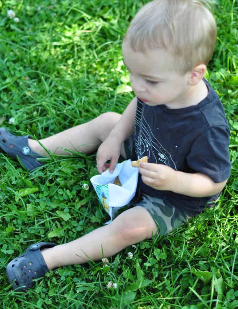 Toddler is shown sitting in the grass eating a snack out of the DIY bags.