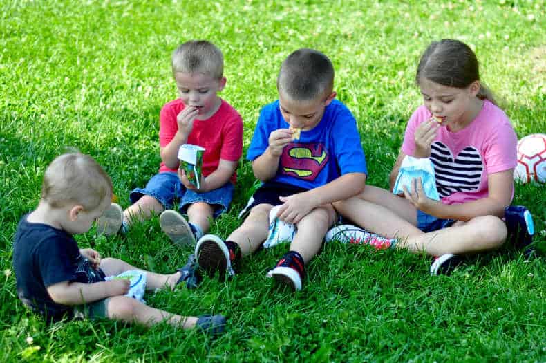 Three boys and one girl are shown sitting in the grass together, each eating a snack out of thier DIY snack bags.