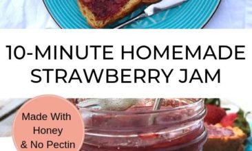 collage image of homemade strawberry jam on bread, and in a jar, with text overlay