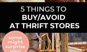 Longer Pinterest pin with two images. First image is of a closet with clothes hanging on wooden hangers. Second image is of a bunch of dining table chairs. Text overlay says, "5 Things to buy/avoid at thrift stores - some might surprise you!"