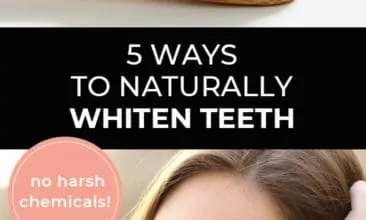 Longer Pinterest pin with two images. First image is of a toothbrush with charcoal toothpaste. Second image is of a woman smiling with bright white teeth. Text overlay says, "5 Ways to Naturally Whiten Teeth - no harsh chemicals!"