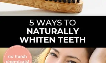 Pinterest pin with two images. First image is of a toothbrush with charcoal toothpaste. Second image is of a woman smiling with bright white teeth. Text overlay says, "5 Ways to Naturally Whiten Teeth - no harsh chemicals!"