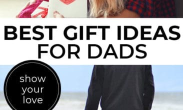 Long Pinterest pin with two images. The first is of a daughter sitting in her dad's lap giving him a kiss on the cheek. The second is of a dad and son walking hand in hand on the beach. Text overlay says, "Best Gift Ideas for Dads - show your love".