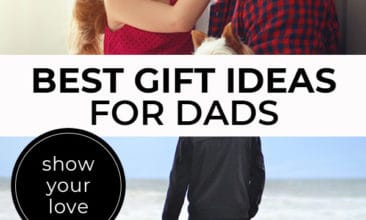 Pinterest pin with two images. The first is of a daughter sitting in her dad's lap giving him a kiss on the cheek. The second is of a dad and son walking hand in hand on the beach. Text overlay says, "Best Gift Ideas for Dads - show your love".
