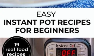 Longer Pinterest pin with two images. First image is of pulled pork sandwiches on a plate. The second image is of an instant pot with ingredients on a counter. Text overlay says, "Easy Instant Pot Recipes for Beginners - 19 real food recipes".