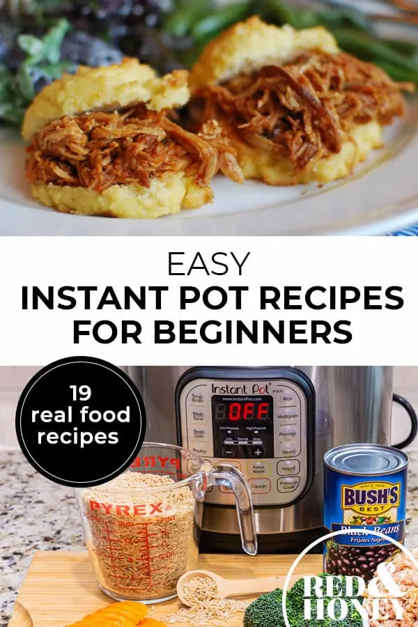 Pinterest pin with two images. First image is of pulled pork sandwiches on a plate. The second image is of an instant pot with ingredients on a counter. Text overlay says, "Easy Instant Pot Recipes for Beginners - 19 real food recipes".