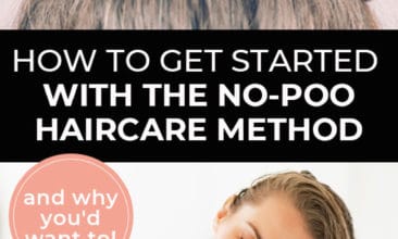 Longer Pinterest Pin with two images. The first is of hair pulled up into a bun. The second is of a woman brushing through her long hair. Text overlay says, "How to Get Started with the No-Poo Haircare Method - and why you'd want to!".