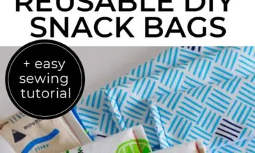 Long Pinterest pin with two images. First image is of four kids sitting in the grass eating snacks out of homemade snack bags. Second image is of DIY snack bags in multiple fun patterned fabrics. Text overlay says "Reusable DIY Snack Bags + easy sewing tutorial".