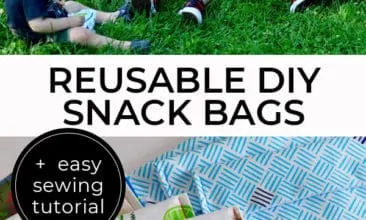 Pinterest pin with two images. First image is of four kids sitting in the grass eating snacks out of homemade snack bags. Second image is of DIY snack bags in multiple fun patterned fabrics. Text overlay says "Reusable DIY Snack Bags + easy sewing tutorial".