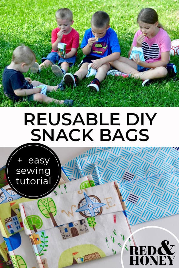 Pinterest pin with two images. First image is of four kids sitting in the grass eating snacks out of homemade snack bags. Second image is of DIY snack bags in multiple fun patterned fabrics. Text overlay says "Reusable DIY Snack Bags + easy sewing tutorial".