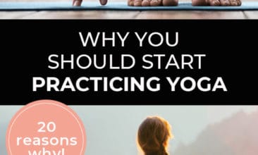 Longer Pinterest pin with two images. First image is of a woman stretching down and touching the floor with her fingers. The second image is of a woman practicing a yoga stretch on a pier overlooking the ocean. Text overlay says, "Why You Should Start Practicing Yoga - 20 reasons why!".