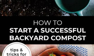 Pinterest pin with two images. Top image is of a pile of dirt and a scoop. Bottom image is of two sets of hands holding a bowl of cherry tomatoes. Text overlay says, "How to Start a Successful Backyard Compost: tips & tricks for nutrient rich soil".