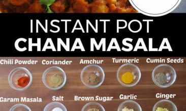 Pinterest Pin with two images. Top image is of a white bowl filled with Chana Masala. Bottom image is of over a dozen small bowls filled with herbs and spices. Text overlay says, "Instant Pot Chana Masala: Indian Spiced Chickpeas".