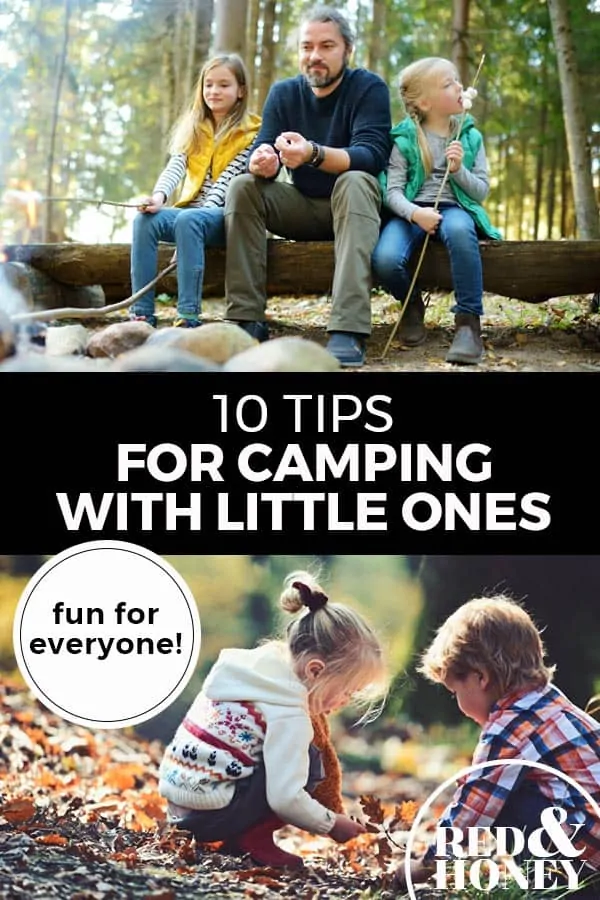 Pinterest pin with two images. Top image is of a dad sitting on a log with his two kids in the woods. Bottom image is of two little kids playing in the outdoors. Text overlay says, "10 Tips for Camping with Little Ones: fun for everyone!"
