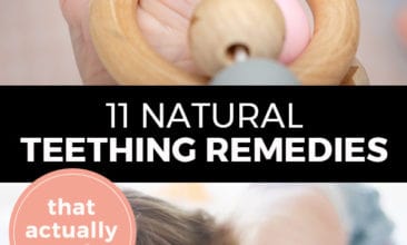 Pinterest pin with two images. Top image is of a baby's hand holding a teething toy. Bottom image is of a baby laying down. Text overlay says, "11 Natural Teething Remedies: that actually work!"