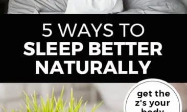 Longer Pinterest pin with two images. Top image is of a woman waking up stretching with arms over head. Bottom image is of an alarm clock sitting on a bedside table. Text overlay says, 5 Ways to Sleep Better Naturally: get the z's your body needs!"
