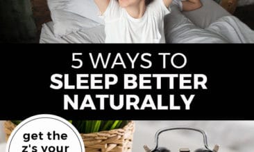 Pinterest pin with two images. Top image is of a woman waking up stretching with arms over head. Bottom image is of an alarm clock sitting on a bedside table. Text overlay says, 5 Ways to Sleep Better Naturally: get the z's your body needs!"