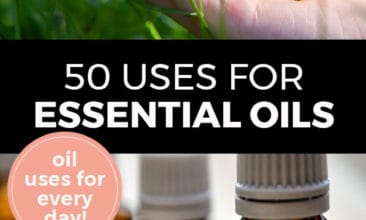 Longer Pinterest pin with two images. Top image is of a hand holding a bottle of essential oil. Bottom image is of four bottles of essential oils. Text overlay says, "50 Uses for Essential Oils: oil uses for every day!"