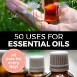Pinterest pin with two images. Top image is of a hand holding a bottle of essential oil. Bottom image is of four bottles of essential oils. Text overlay says, "50 Uses for Essential Oils: oil uses for every day!"