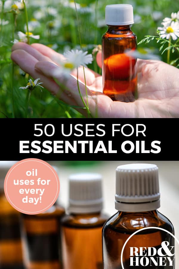 Pinterest pin with two images. Top image is of a hand holding a bottle of essential oil. Bottom image is of four bottles of essential oils. Text overlay says, "50 Uses for Essential Oils: oil uses for every day!"