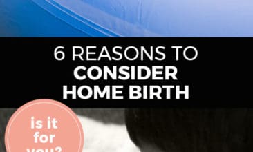 Longer Pinterest pin with two images. Top image is of a woman in a birthing tub. Bottom image is of a newborn baby and a big brother admiring the baby. Text overlay says, "6 Reasons to Consider Home Birth: is it for you?"