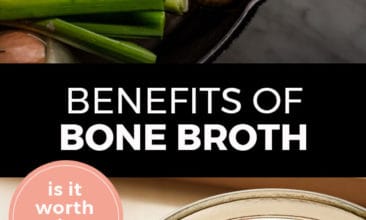 Longer Pinterest pin with two images. Top image is of a pot filled with veggies. Bottom image is of a storage jar filled with bone broth. Text overlay says, "Benefits of Bone Broth: is it worth the hype?"