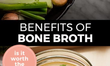 Pinterest pin with two images. Top image is of a pot filled with veggies. Bottom image is of a storage jar filled with bone broth. Text overlay says, "Benefits of Bone Broth: is it worth the hype?"