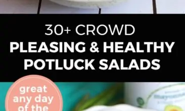 Longer Pinterest pin with two images. Top image is of a white bowl filled with a garden salad. Bottom image is of a white plate filled with a cobb salad. Text overlay says, "30+ Crowd Pleasing Healthy Potluck Salads: Great any day of the week!"