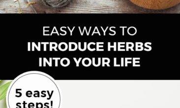 Longer Pinterest pin with two images. Top image is of multiple bowls of herbs. Second image is of two bottles of essential oils and fresh herbs. Text overlay says, "Easy Ways to Introduce Herbs Into Your Life: 5 easy steps!"