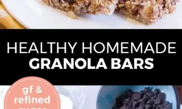Longer Pinterest pin with two images. Top image is a white plate with two granola bars on it. Bottom image is of a mixing bowl filled with ingredients for granola bars. Text overlay says, "Healthy Homemade Granola Bars: GF & refined sugar free!"