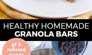 Pinterest pin with two images. Top image is a white plate with two granola bars on it. Bottom image is of a mixing bowl filled with ingredients for granola bars. Text overlay says, "Healthy Homemade Granola Bars: GF & refined sugar free!"