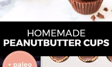 Longer Pinterest pin with two images. Top image is of a stack of peanut butter cups on a counter. Bottom image is of a tray filled with peanut butter cups being assembled. Text overlay says," Homemade Peanutbutter Cups: + paleo option!"