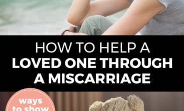 Pinterest pin with two images. Top image is of a woman sitting by the ocean with her hand on her head. Bottom image is of the backside of a teddy bear. Text overlay says, "How to Help A Loved One Through A Miscarriage: ways to show you care!"
