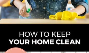 Longer Pinterest pin with two images. Top image is of a little girl cleaning a countertop with her mother watching in the background. Bottom image is of a family sitting in a clean living room. Text overlay says, "How to Keep Your Home Clean: even with kids around!"