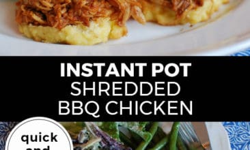 Pinterest pin with two images. Top image is of a side angle of a plate with two small slider buns filled with bbq shredded chicken. Bottom image is of a vertical view of the same plate. Text overlay says, "Instant Pot Shredded BBQ Chicken - quick and easy!"