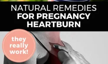 Longer Pinterest pin with two images. Top image is of a pregnant woman's belly. Bottom image is of a woman holding her hands over her chest as in pain. Text overlay says, "Natural Remedies for Pregnancy Heartburn: they really work!"