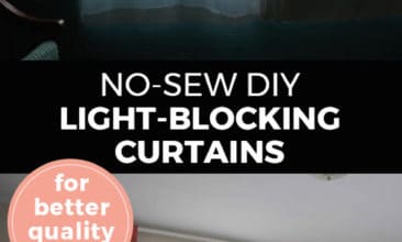 Longer Pinterest pin with two images. Top image is of a window with sheer curtains and light coming in. Bottom image is of striped light-blocking curtains. Text overlay says, "No-Sew DIY Light-Blocking Curtains: for better quality sleep!"