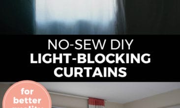 Pinterest pin with two images. Top image is of a window with sheer curtains and light coming in. Bottom image is of striped light-blocking curtains. Text overlay says, "No-Sew DIY Light-Blocking Curtains: for better quality sleep!"