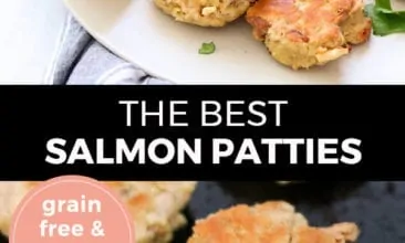 Pinterest pin with two images. Top image is of salmon patties on a white plate with lemon wedge. Bottom image is of salmon patties cooking in a cast iron pan. Text overlay says, "The Best Salmon Patties: Grain Free & Dairy Free".