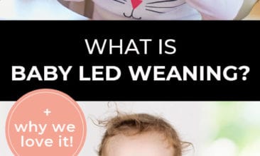 Longer Pinterest pin with two images. First image is of a baby sitting in a high-chair eating a pear. Second image is of a baby putting a spoon into their mouth. Text overlay says, "What is Baby Led Weaning? + why we love it!"