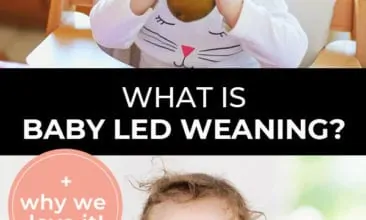 Pinterest pin with two images. First image is of a baby sitting in a high-chair eating a pear. Second image is of a baby putting a spoon into their mouth. Text overlay says, "What is Baby Led Weaning? + why we love it!"