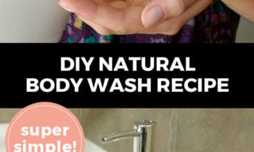 Longer Pinterest pin with two images. Top image is of a woman holding a bottle of soap, pumping it onto her other hand. Bottom image is of a bottle of DIY body wash on the edge of a bathtub. Text overlay says, "DIY Natural Body Wash Recipe: super simple!"