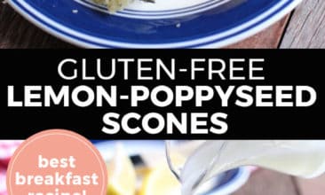 Longer Pinterest pin with two images. Top image is of a lemon poppyseed scone on a blue rimmed plate. Bottom image is of a round of scones being drizzled with lemon icing. Text overlay says, "Gluten-Free Lemon-Poppyseed Scones: best breakfast recipe!"