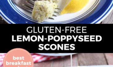 Pinterest pin with two images. Top image is of a lemon poppyseed scone on a blue rimmed plate. Bottom image is of a round of scones being drizzled with lemon icing. Text overlay says, "Gluten-Free Lemon-Poppyseed Scones: best breakfast recipe!"