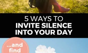 Longer Pinterest pin with two images. Top image is of a woman giving a child a piggy back ride. Bottom image is of a branch of cherry blossoms in bloom. Text overlay says, "5 Ways to Invite Silence into Your Day: ...and find calm!"
