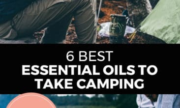 Longer Pinterest pin with two images. Top image is a woman holding a cup of coffee sitting in the woods. Bottom image is of some kids holding sticks over a low fire. Text Overlay says: "6 Best Essential Oils to Take Camping"